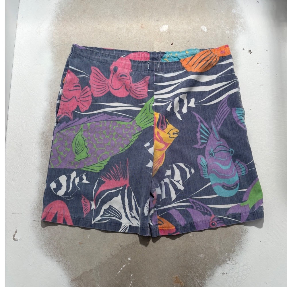 Vintage Michigan Rag Co Tropical Fish Print Shorts Mens Large Blue Multi Color